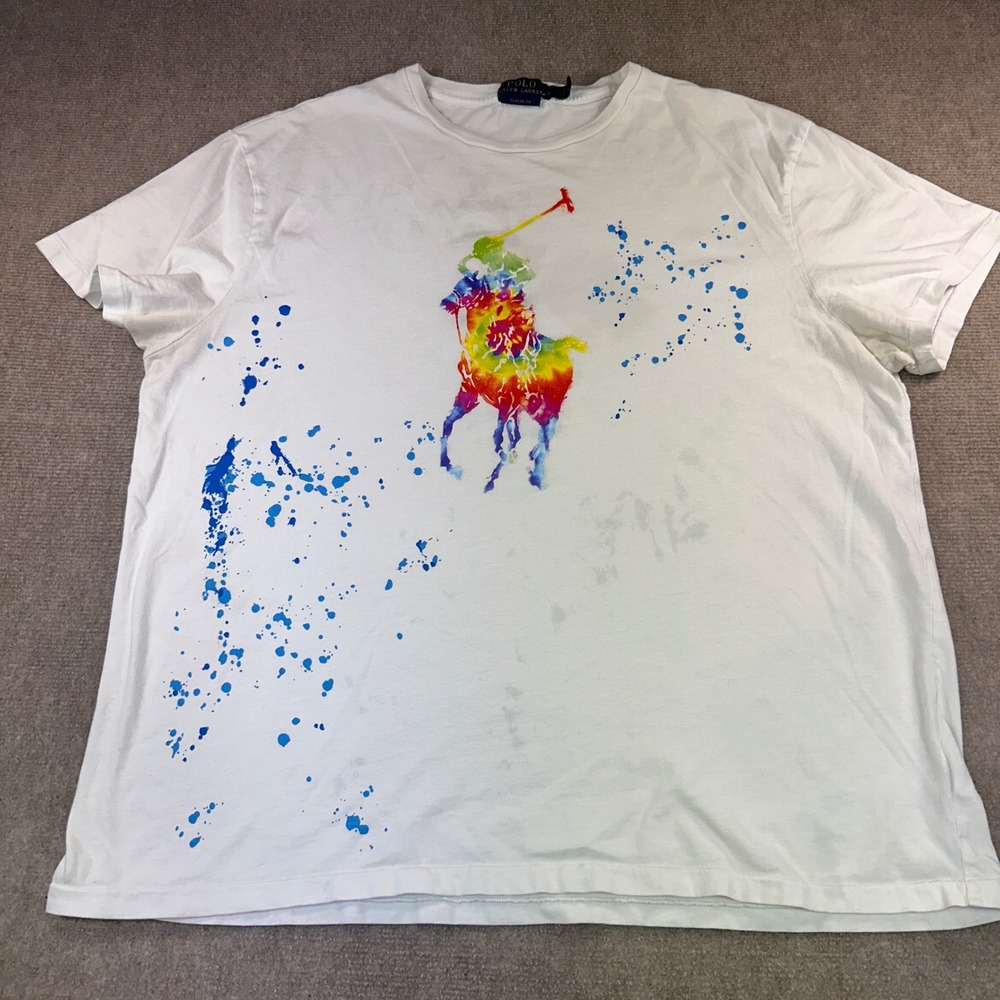 Polo Ralph Lauren Mens XL White Big Pony Tie Dye Paint Splatter T-Shirt Classic